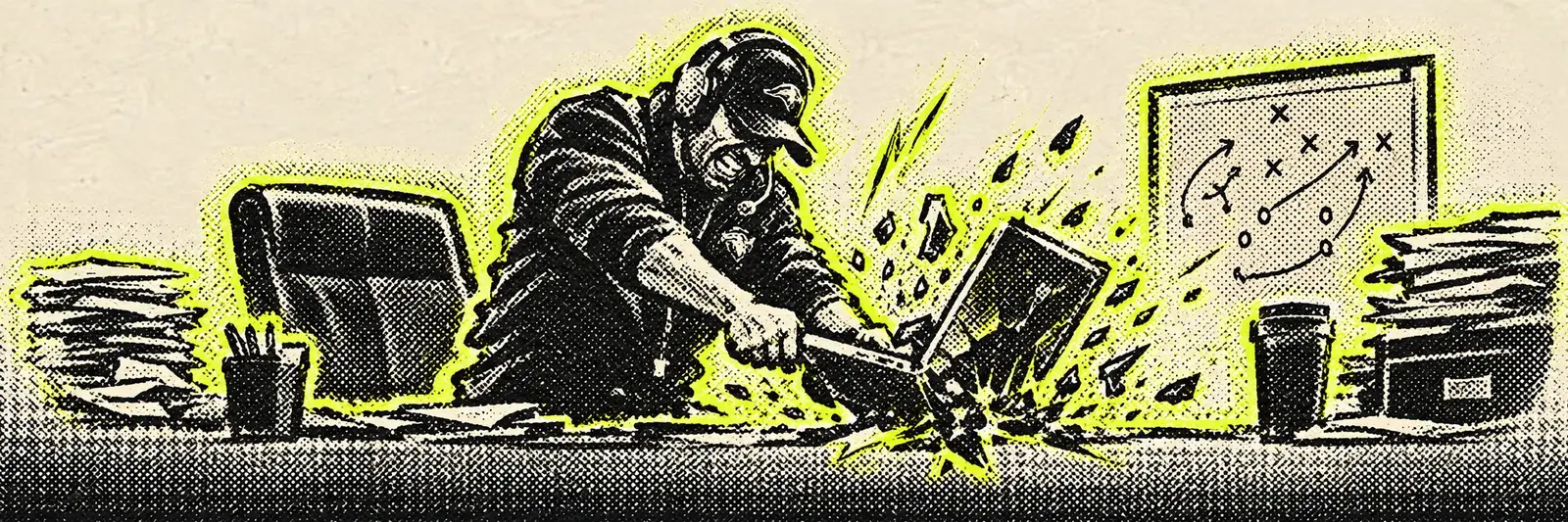 Illustration of a frustrated coach smashing a laptop at a desk buried in paper, with a play drawn on the whiteboard behind him