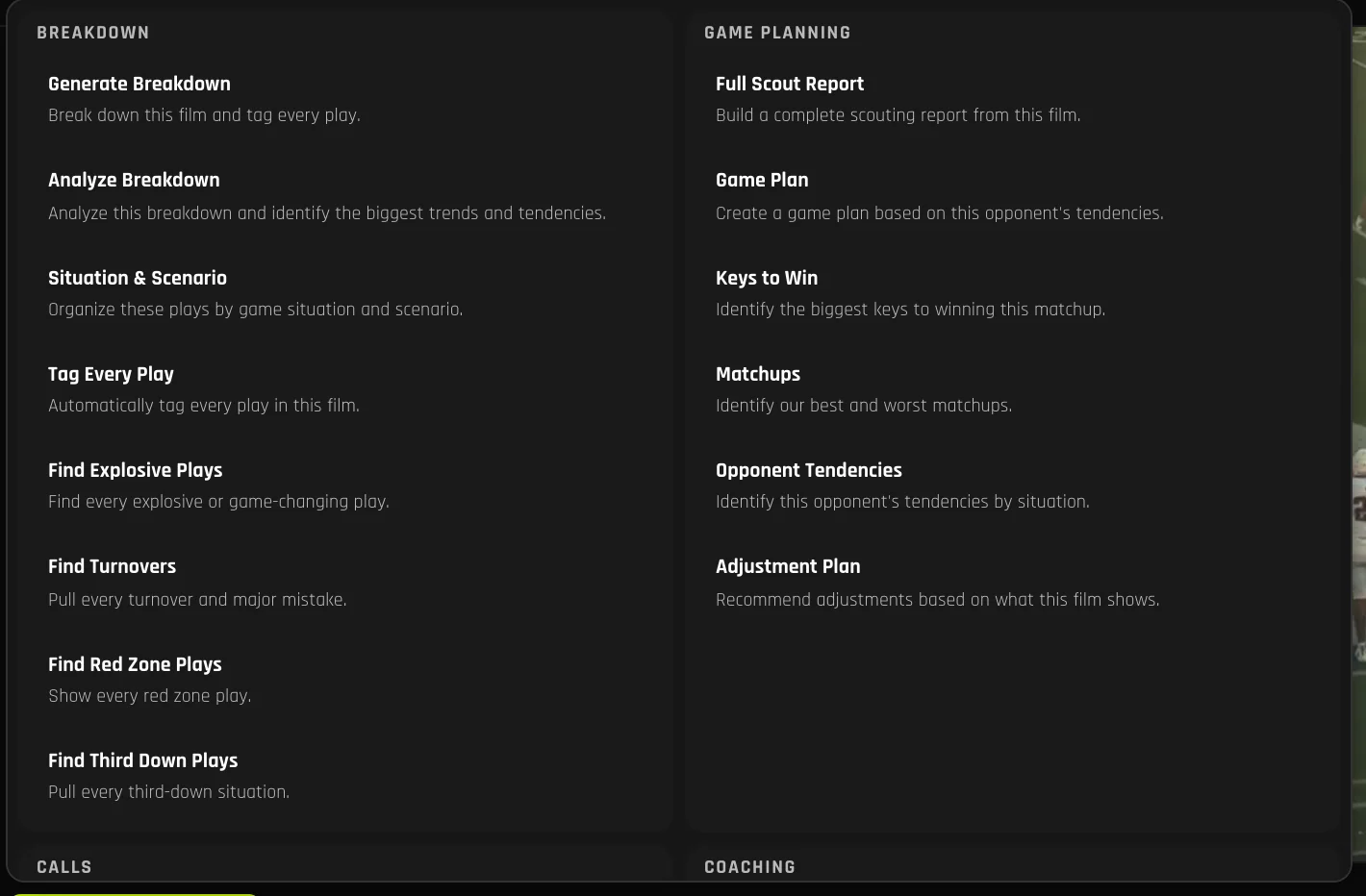 The Agent X film menu: Generate Breakdown, Analyze Breakdown, Tag Every Play, Find Explosive Plays, Find Turnovers, Find Red Zone Plays and Find Third Down Plays, plus Full Scout Report, Game Plan, Keys to Win, Opponent Tendencies and Adjustment Plan
