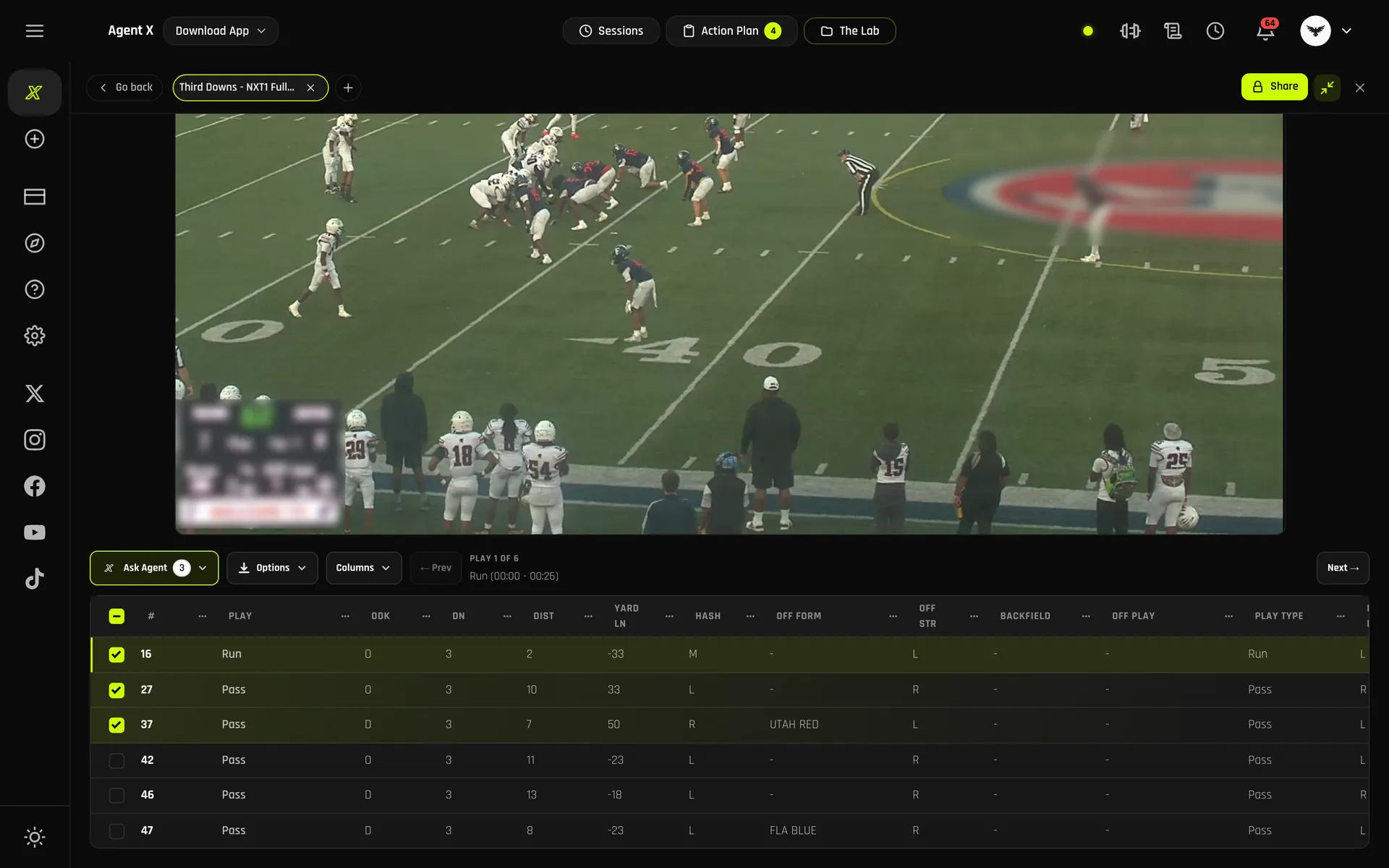 A third-down cutup Agent X built, open in film review: the clip on top and six third-down plays below, each tagged with down, distance, yard line, hash, formation and play type. Team names are blurred.