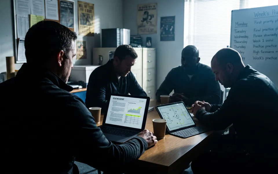 A high school coaching staff around a table in a Monday morning meeting, reviewing a scouting report on a laptop beside the week’s practice plan