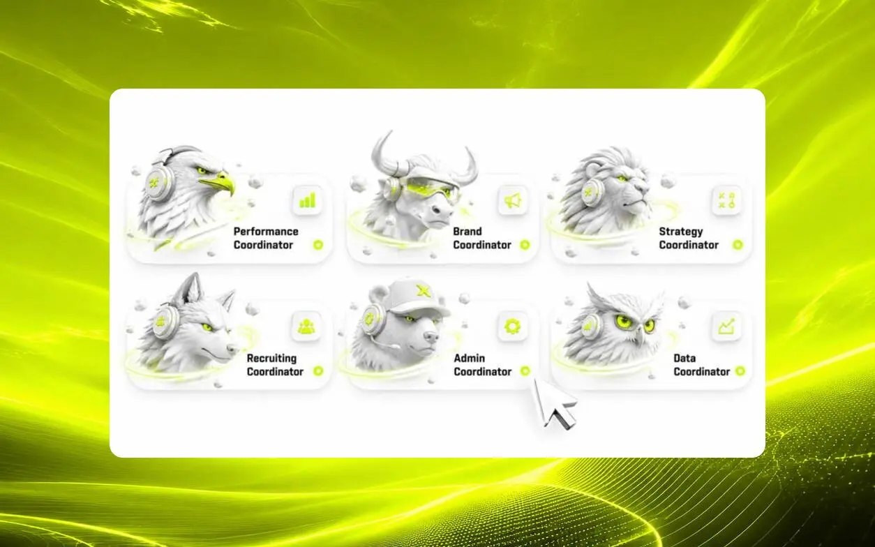 The six Agent X coordinators: Performance, Brand, Strategy, Recruiting, Admin, and Data
