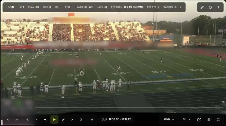 Tagged game film cued to play 1 of 50, a kickoff from Texas Brown formation, with play, down, distance, and hash data overlaid