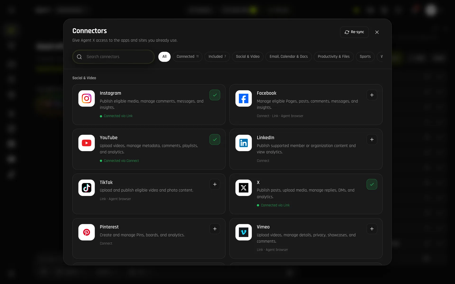 Agent X connectors on desktop: Instagram, YouTube and X connected, with Facebook, LinkedIn, TikTok, Pinterest and Vimeo ready to add