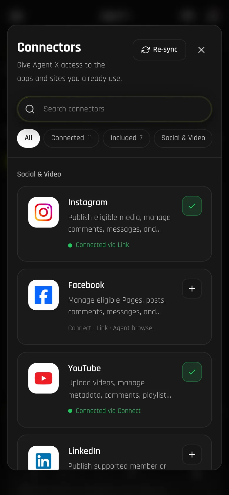 Agent X connectors on a phone showing Instagram and YouTube connected and Facebook ready to add