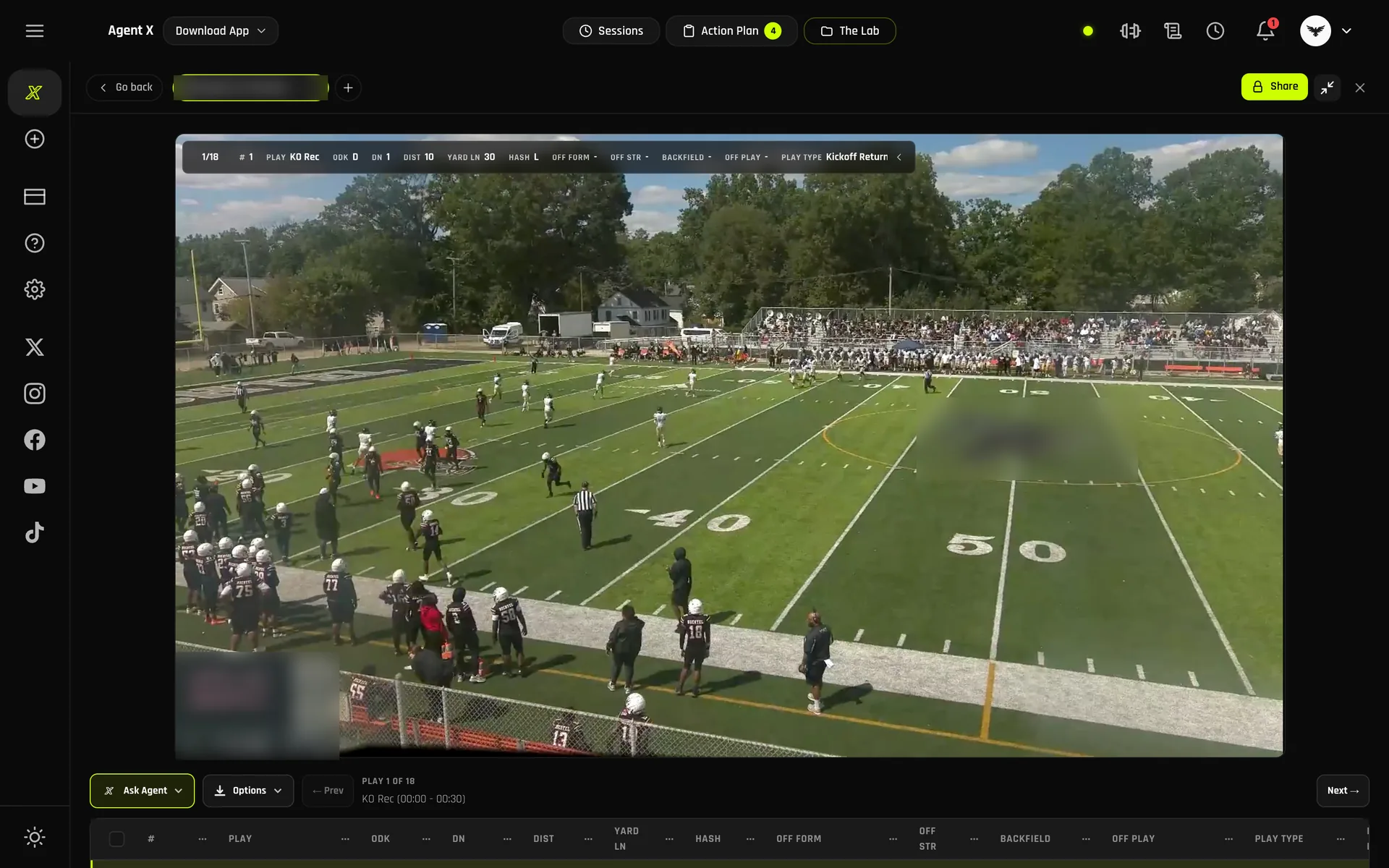 Agent X film review on desktop: a kickoff return frame with the play tagged by down, distance, yard line and play type above the play list