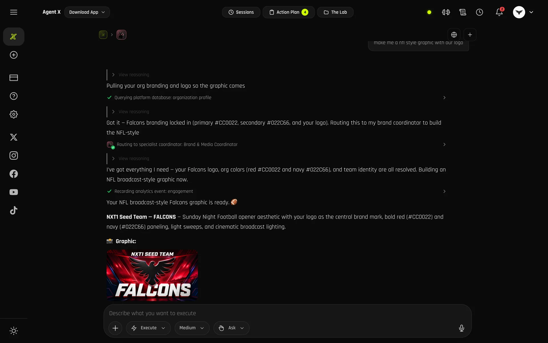 An Agent X chat on desktop where the Brand coordinator delivers an NFL-style Falcons game-day graphic built from the team logo and colors