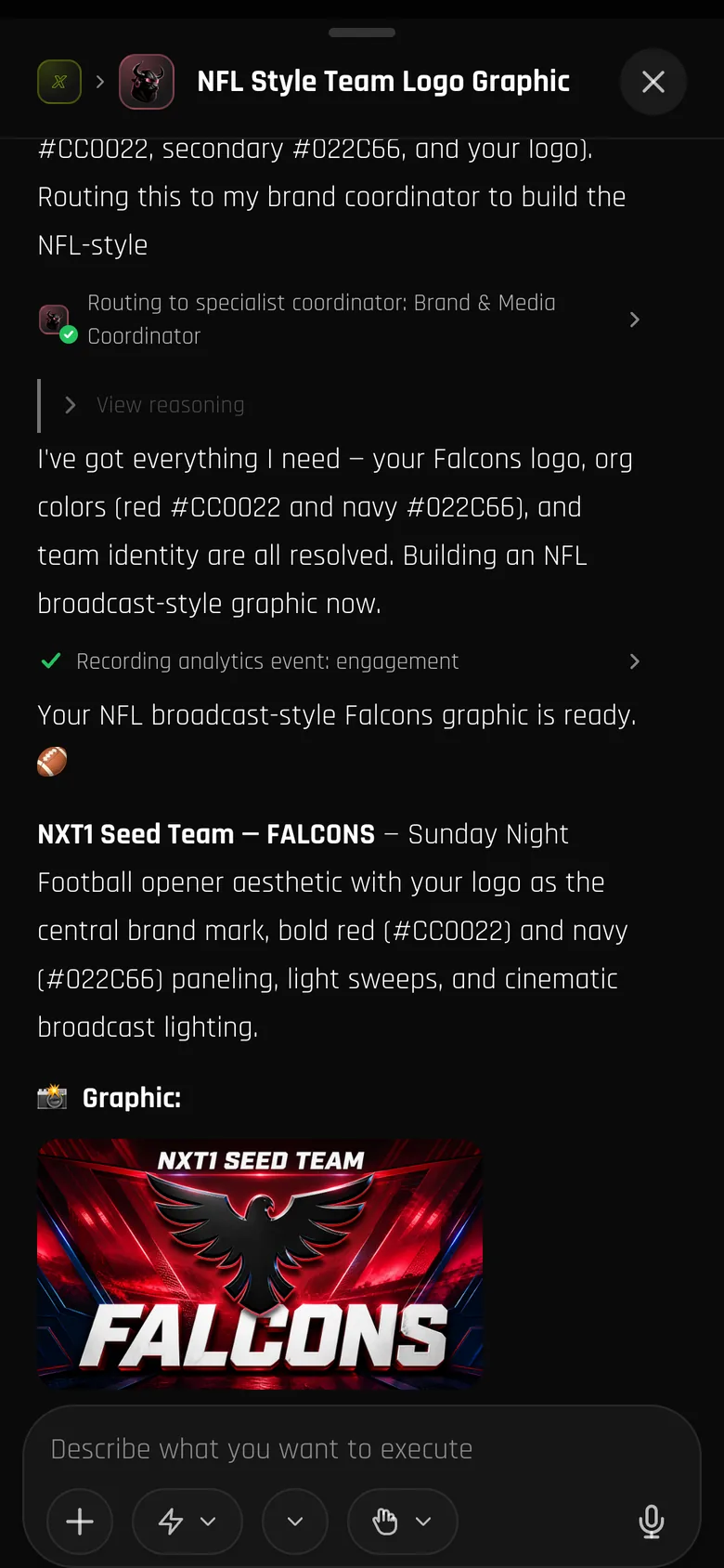 The same game-day graphic request on a phone, ending with the finished Falcons graphic