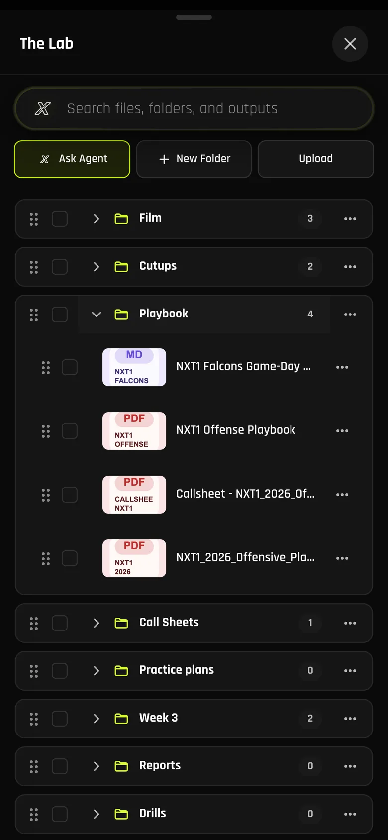 The Lab on a phone with the Playbook folder open, showing the offense playbook and call sheet files
