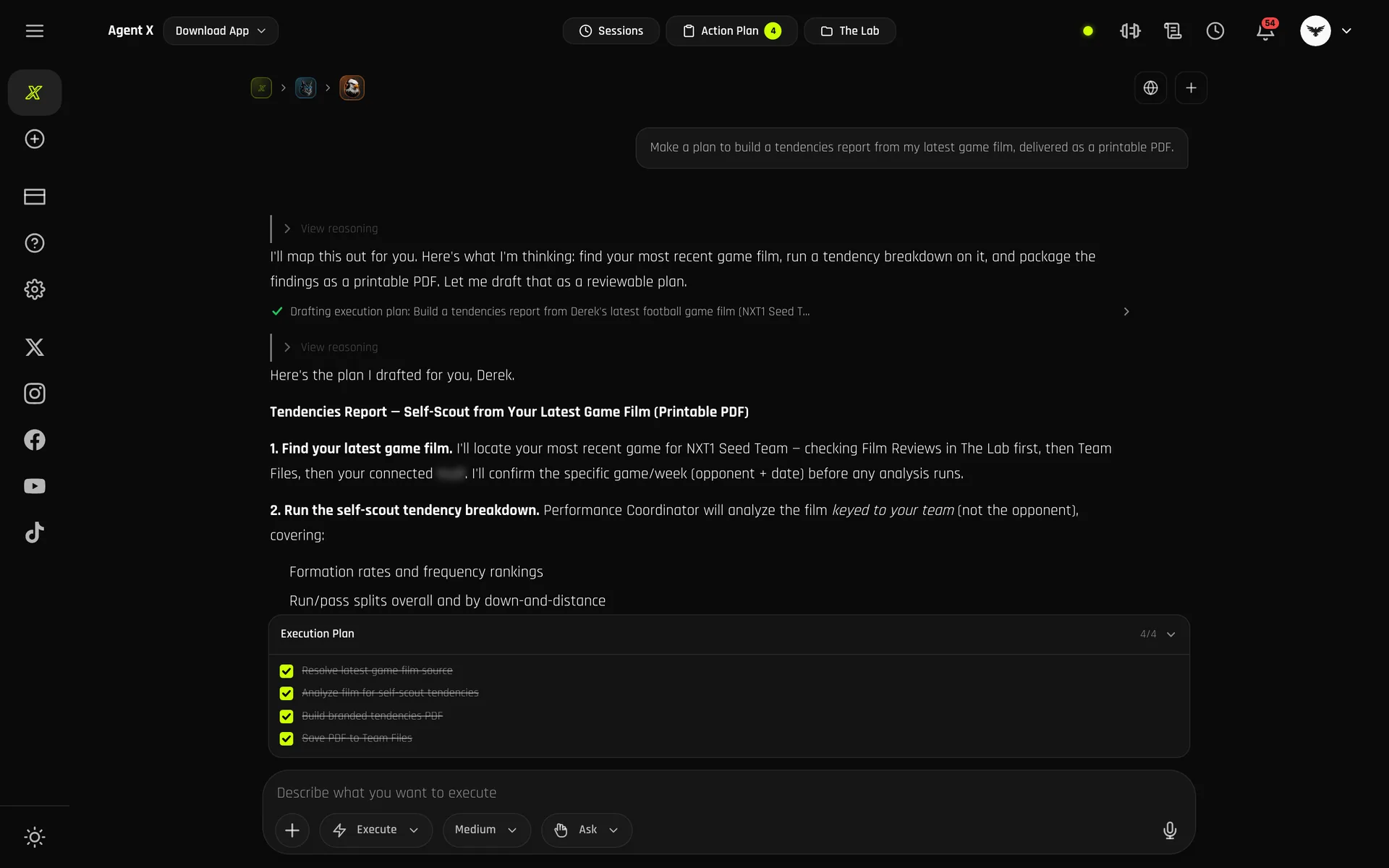 A real Agent X run on desktop: a coach asks for a tendencies report from the latest game film as a printable PDF, Agent X drafts the plan, and the execution plan shows all four steps done