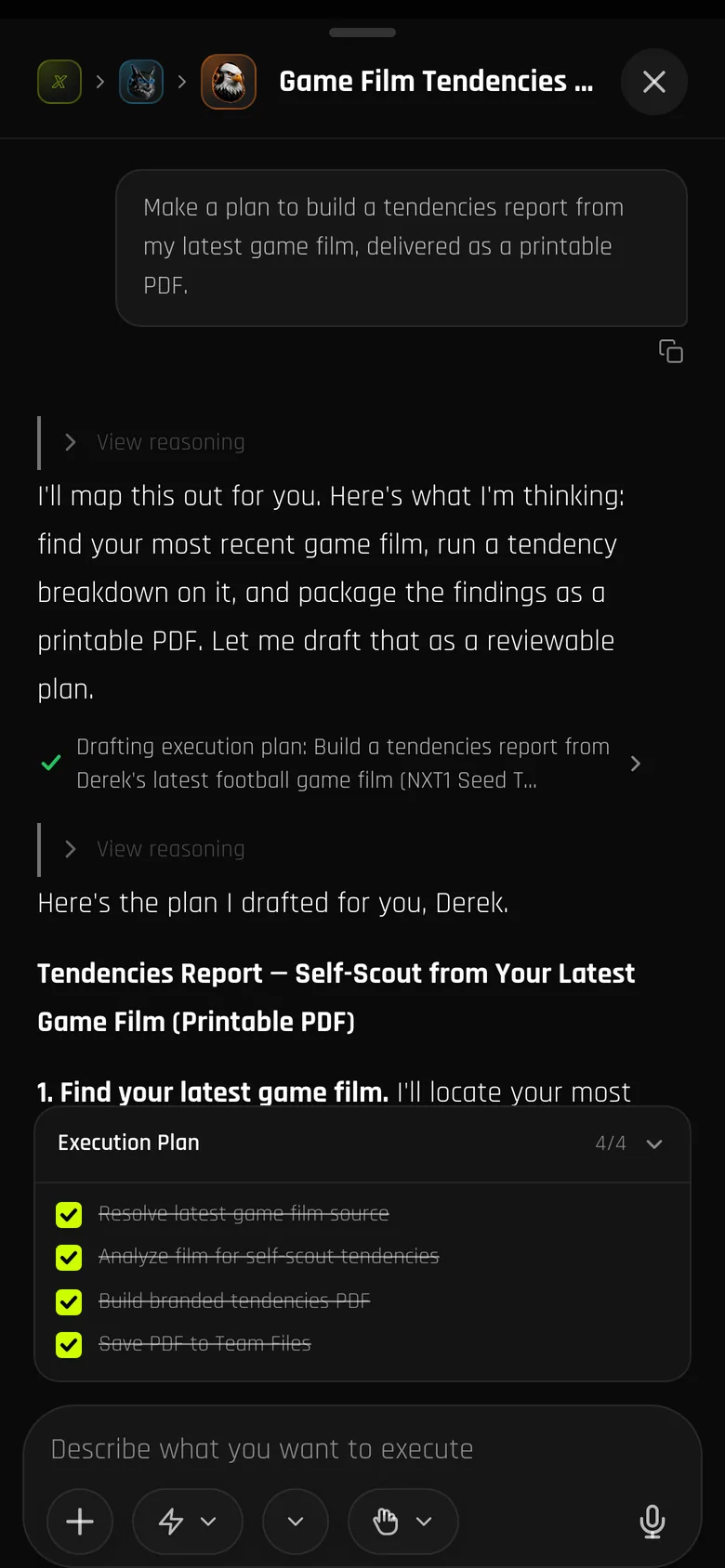 The same Agent X run on a phone: the request, the plan Agent X drafted, and the execution plan with every step checked off
