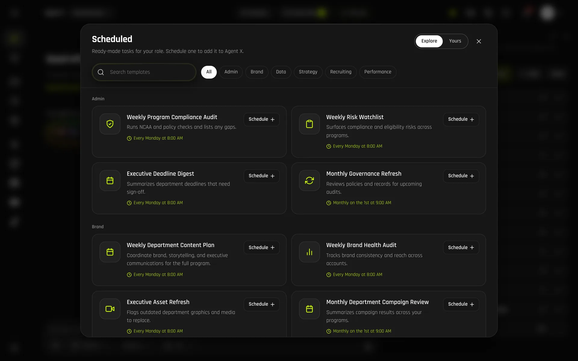Scheduled runs on desktop: ready-made weekly and monthly tasks such as a program compliance audit, deadline digest and content plan