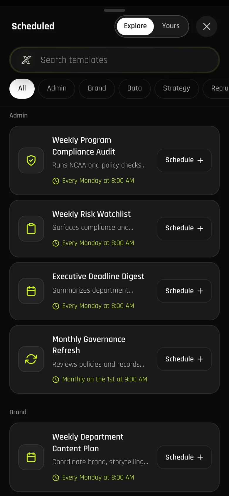 Scheduled runs on a phone: weekly compliance audit, risk watchlist and deadline digest, each one tap to schedule