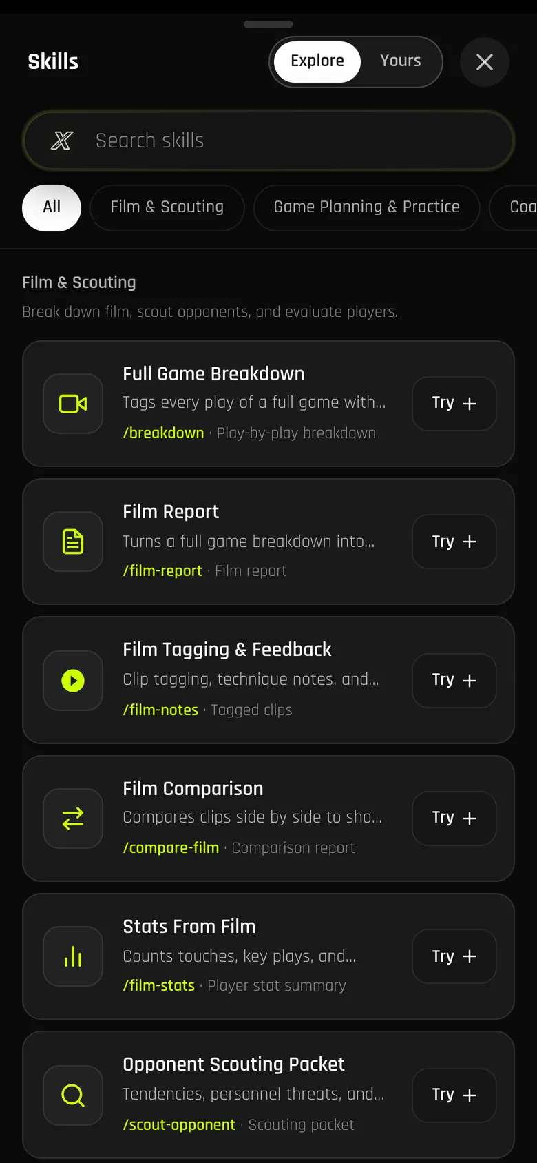 Agent X skills on a phone, filtered to film and scouting, with slash commands for each skill