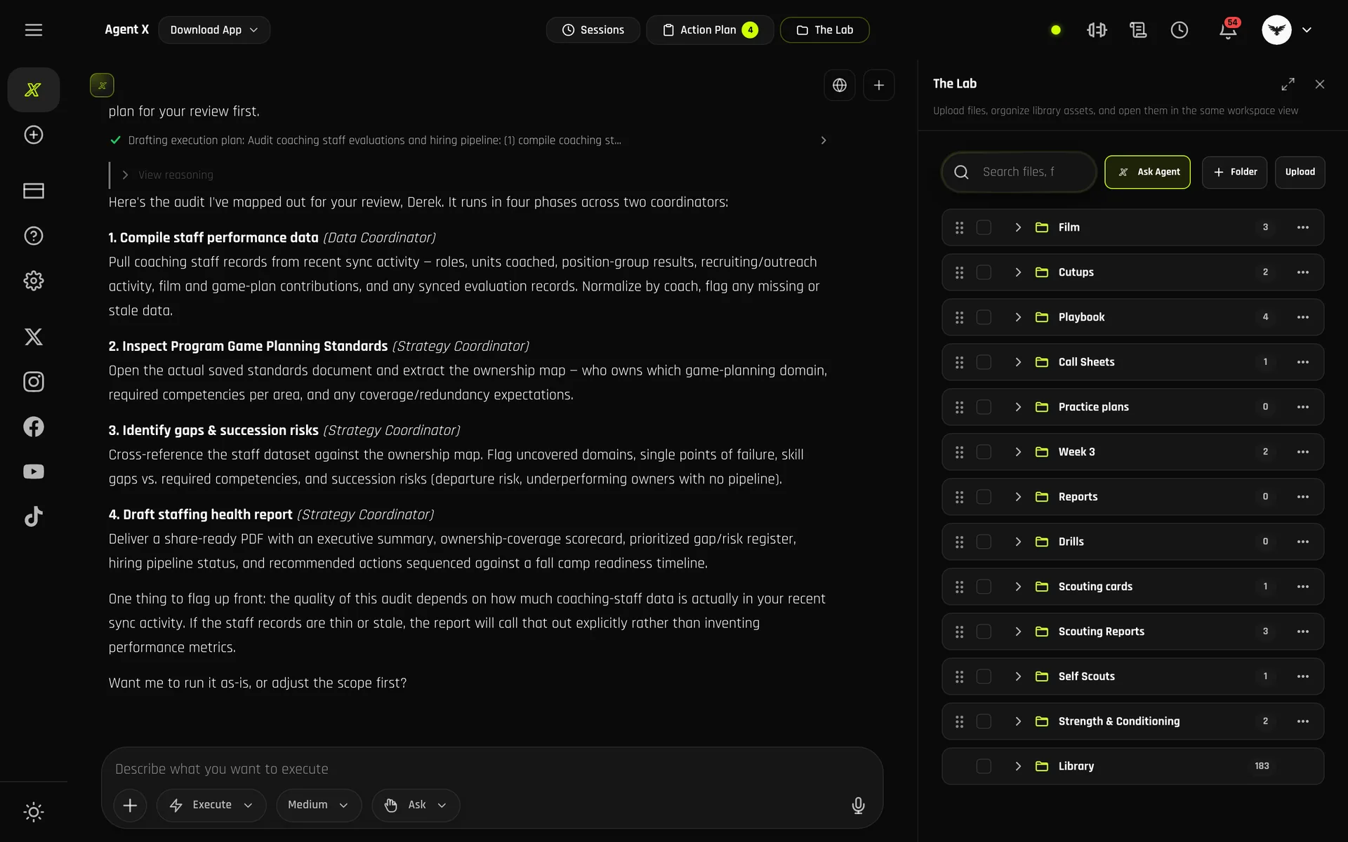 An Agent X chat on desktop laying out a coaching staff evaluation and hiring audit: compile staff data, check game-planning standards, find gaps and succession risks, draft a staffing report