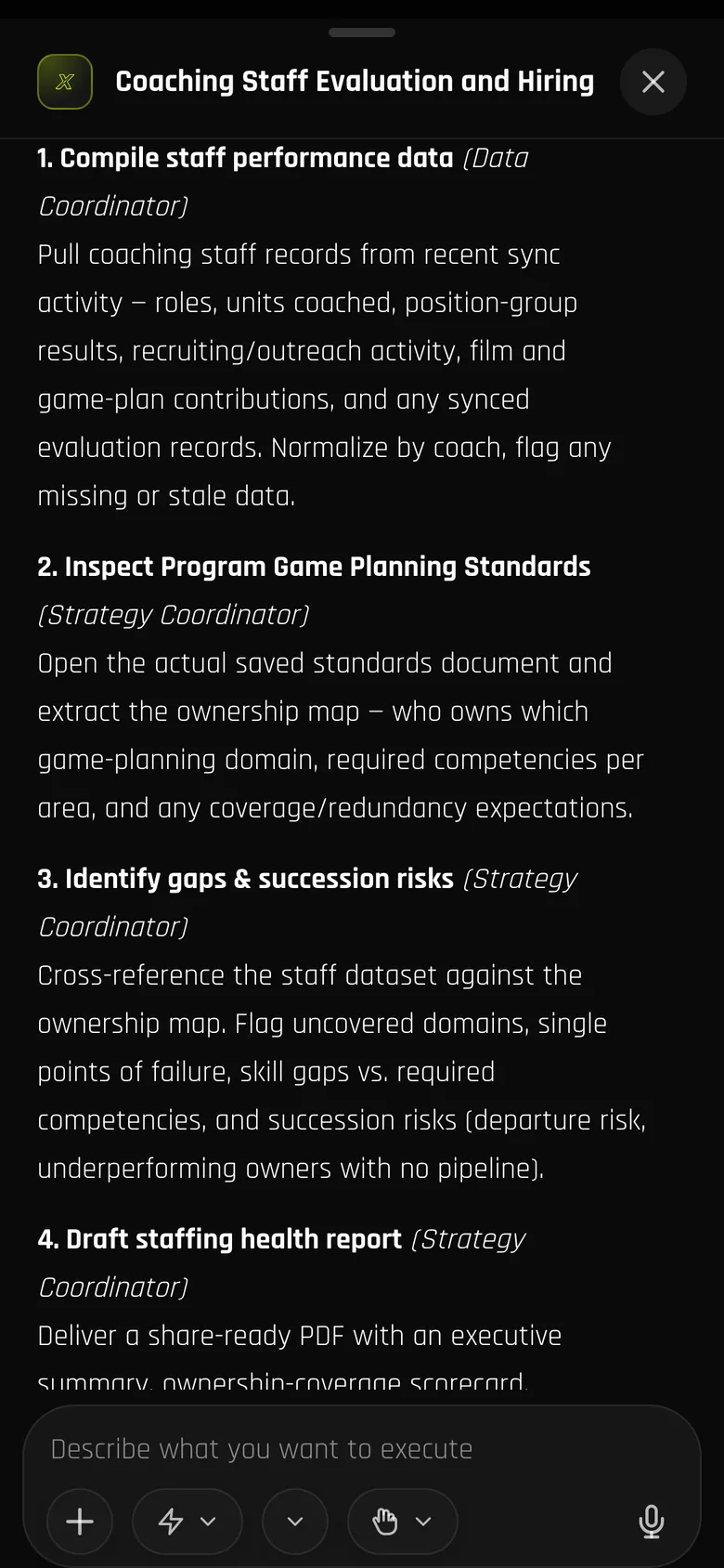 The coaching staff evaluation and hiring audit on a phone, with each step assigned to the Data or Strategy coordinator