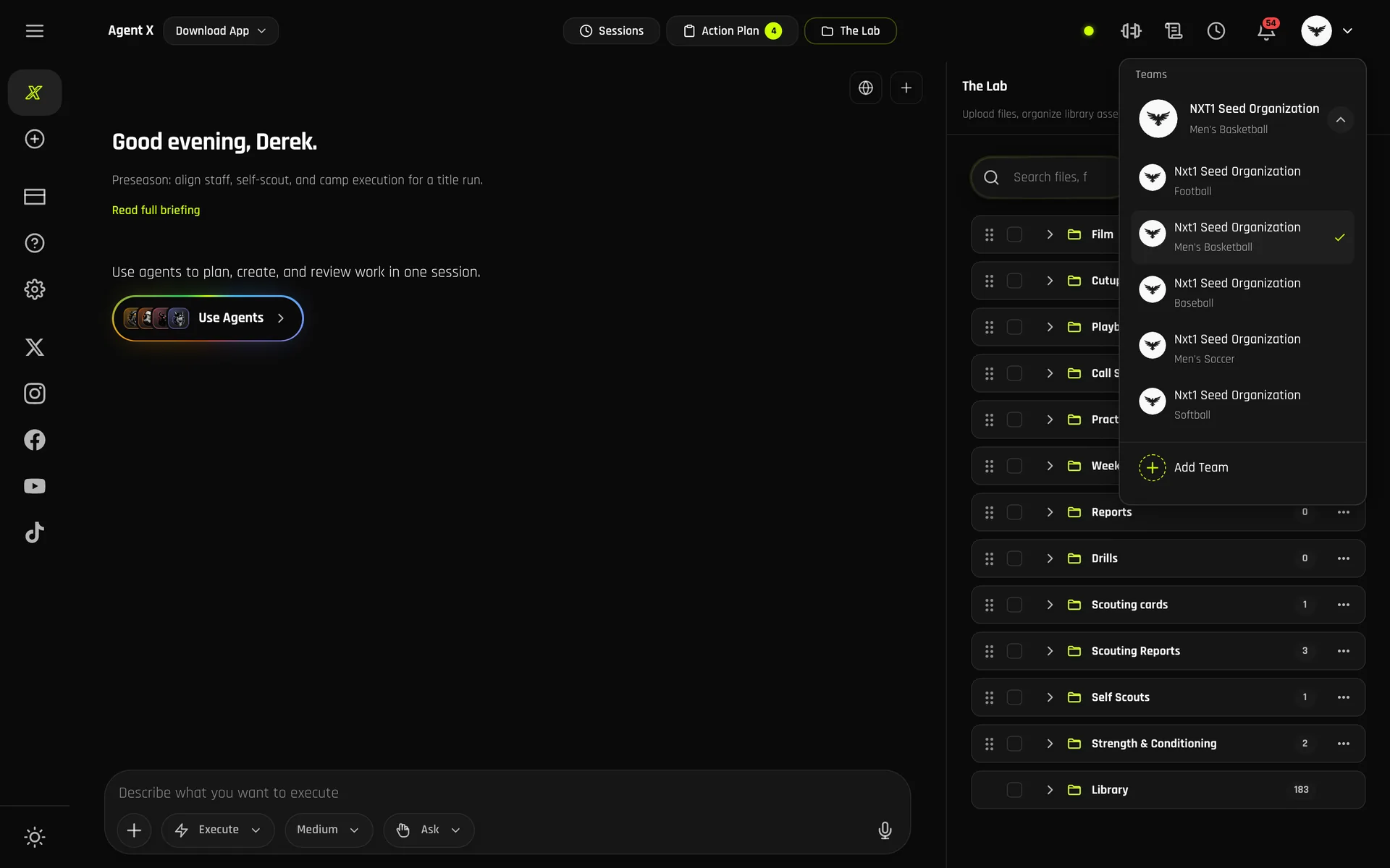 Agent X on desktop with the team menu open: one program's football, men's basketball, baseball, men's soccer and softball teams, plus Add Team