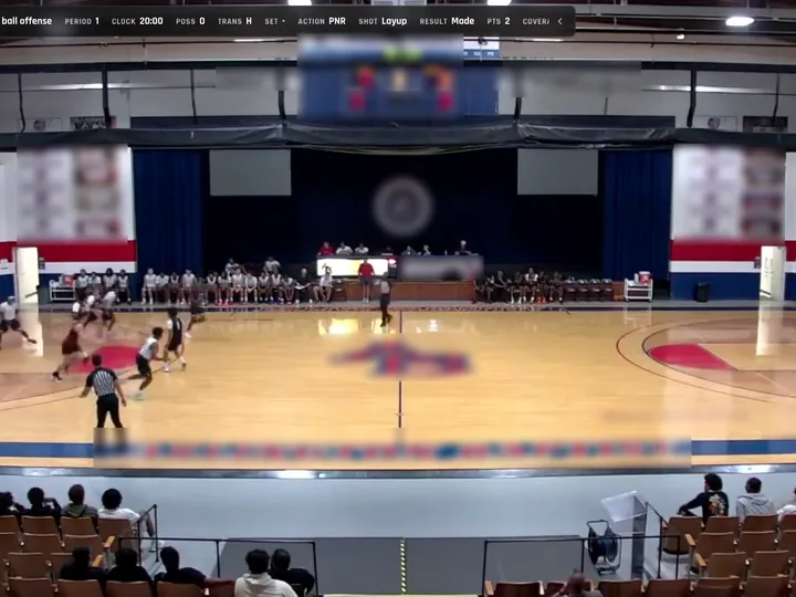 A basketball game film open in Agent X film review, the possession tag strip across the top of the clip. Team names and gym signage are blurred.