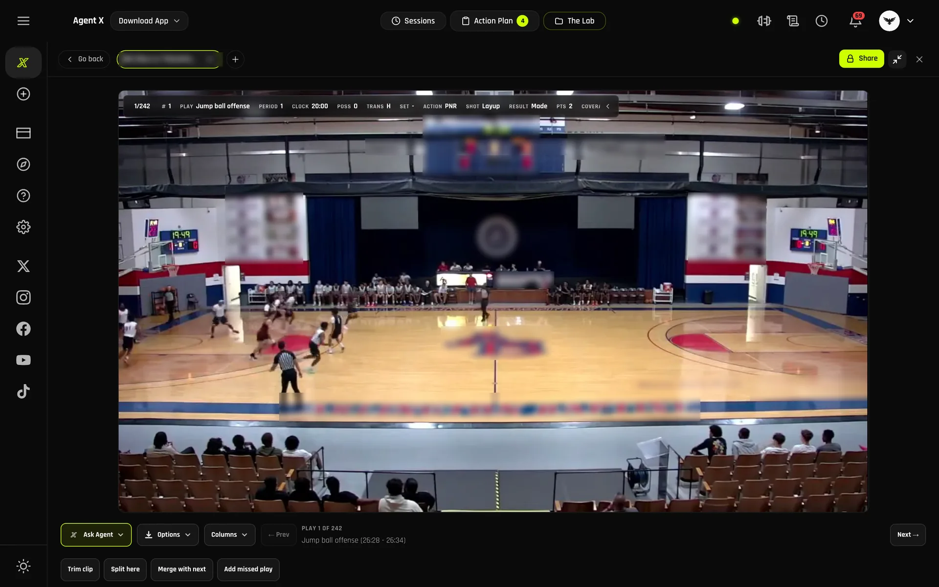 Agent X film review on desktop: a basketball clip with its possession tag strip showing play, period, clock, action, shot and result, plus clip editing tools. Team names and gym signage are blurred.