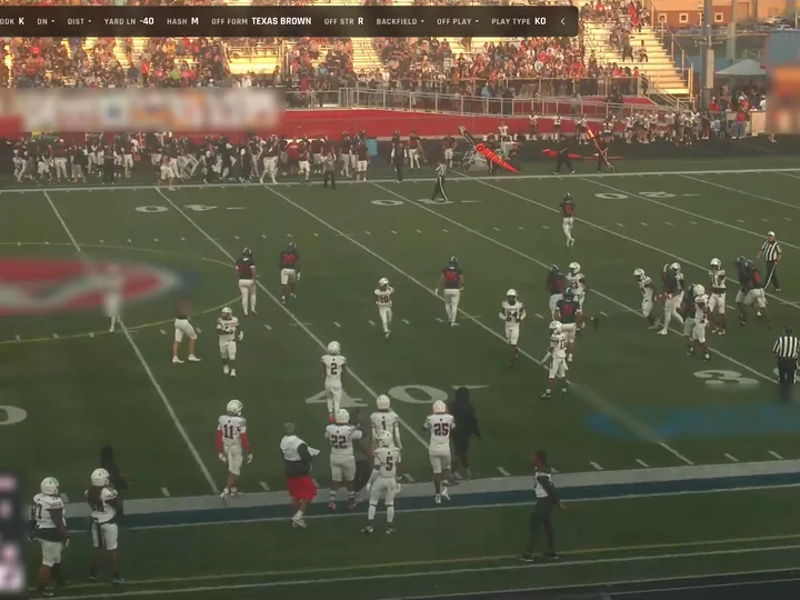 A football game film open in Agent X film review, the tag strip across the top of the clip. Team names and scoreboard are blurred.