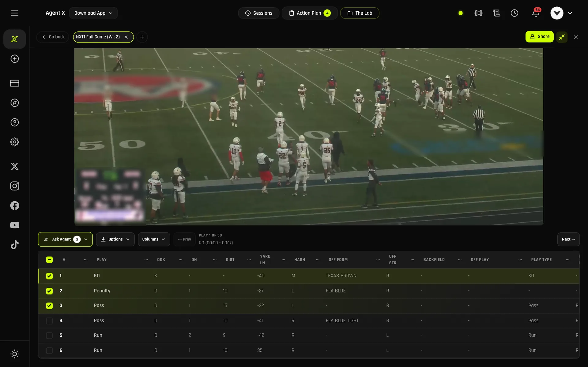 Agent X film review on desktop: a football clip with its tag strip, and the play list below tagged by ODK, down, distance, yard line, hash, formation and play type. Team names and scoreboard are blurred.