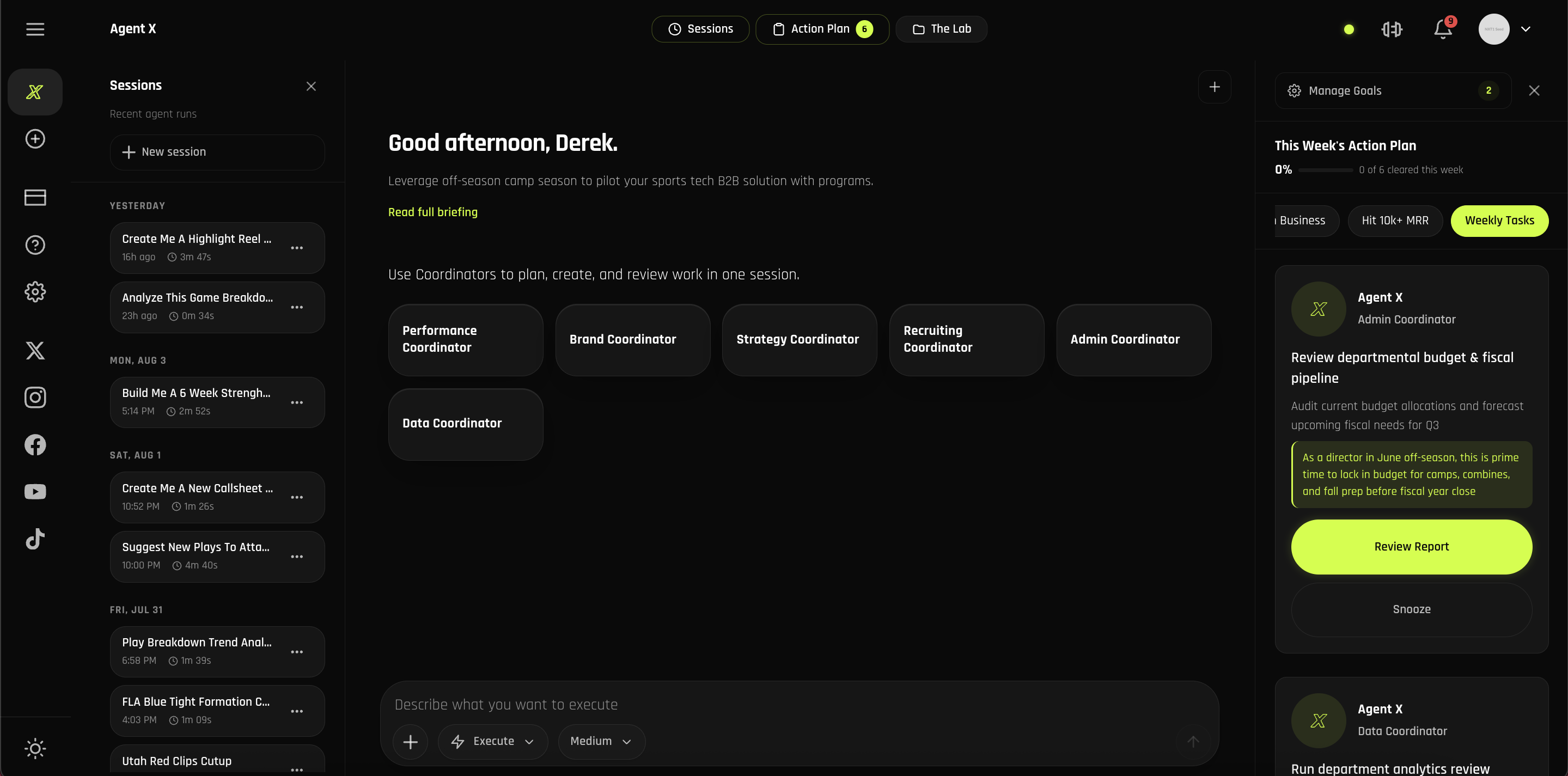 Desktop preview of the Agent X product for sports programs